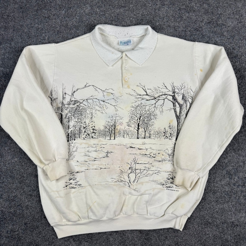 AU Sportswear Sweatshirt Mens XL Cream Scenic Winter Forest Graphic USA Made